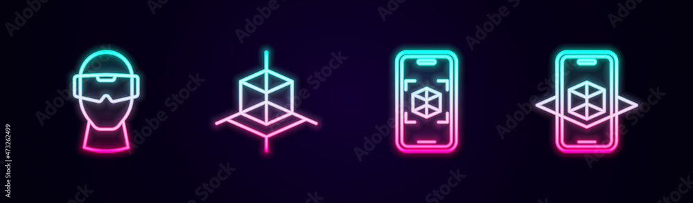 Poster Set line Virtual reality glasses, 3d modeling, and . Glowing neon icon. Vector