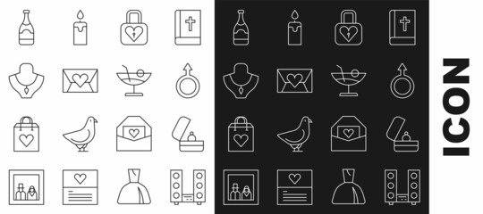 Set line Home stereo with two speakers, Wedding rings, Male gender symbol, Lock and heart, Envelope Valentine, Necklace on mannequin, Champagne bottle and Cocktail icon. Vector