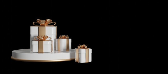3d rendering of gift boxes on podium on black background with place for product design