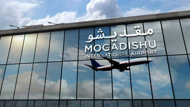 Plane landing at Mogadishu, Somalia 3D rendering animation. Arrival in the city with the glass airport terminal and reflection of the jet aircraft. Travel, business, tourism and transport concept.
