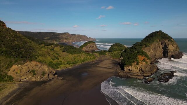 Aerial View Of Te Henga (Bethells Beach) With Sea Waves On A Sunny Day In New Zealand.