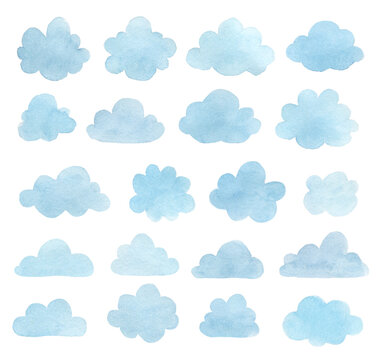 Set of watercolor clouds isolated on white. Cartoon style watercolor illustration