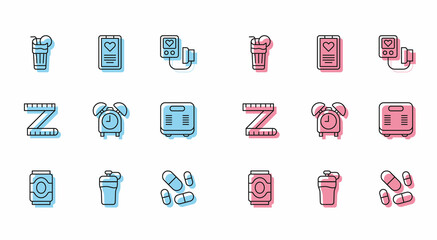 Set line Soda can, Fitness shaker, Fresh smoothie, Vitamin pill, Alarm clock, Bathroom scales, Tape measure and Medical clipboard icon. Vector