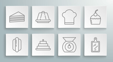 Set line Hotdog sandwich, Pudding custard, Cake with burning candles, Scales, Cutting board, Chef hat, and icon. Vector