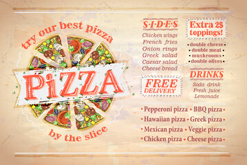 Pizza menu list, board or flyer mockup with place for text and pizza slices graphic illustration, vintage style paper