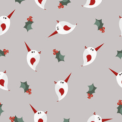 Christmas bird with holly seamless pattern. Vector stock illustration