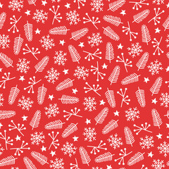 Christmas pattern with snowflakes and branches in doodle style on red background. Vector stock illustration