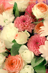 Beautiful spring bouquet of flowers. Congratulations to mom on her birthday or birthday. Card with frame