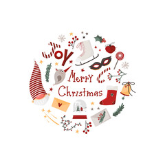 Christmas elements in a round shape greeting card for new year print in hand drawn style. Vector stock illustration