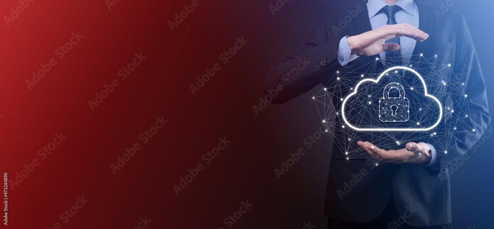 Wall mural business man hold,holding cloud computing data and security on global networking,padlock and cloud i