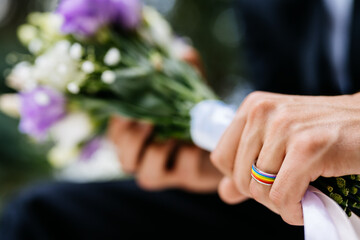 Gay man celebrating LGBT wedding