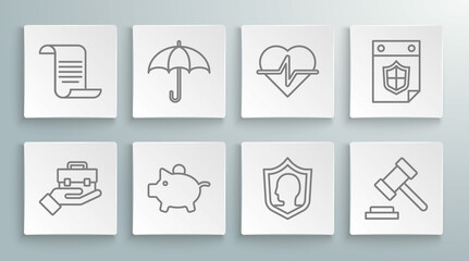 Set line Hand holding briefcase, Umbrella, Piggy bank, Life insurance with shield, Judge gavel, Calendar and Document icon. Vector