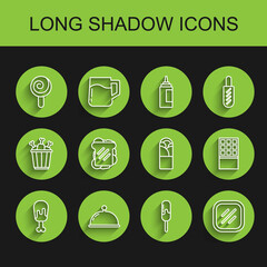 Set line Chicken leg, Covered with tray, Lollipop, Ice cream, Steak meat, Sandwich, Chocolate bar and Doner kebab icon. Vector