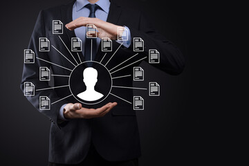 Document Management System DMS .Businessman hold user and document icon.Software for archiving, searching and managing corporate files and information.Internet Technology Concept.Digital security.