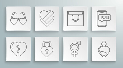 Set line Broken heart, Candy in shaped box, Castle the of, Gender, Bottle with love potion, Shopping bag, Mobile and Heart glasses icon. Vector