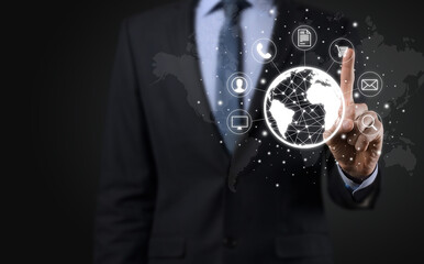 Business man hiold, use,press infographic icon of community technology digital.Concept of hi tech and big data. Global connection.IoT Internet of Things . ICT Information Communication Network .