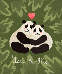 Vector colorful Valentines Day greeting card with cute illustration of panda couple in love. Flyers, invitation, poster, brochure, banner