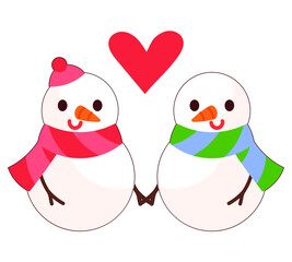 A snowman couple is holding hands. Cute snowman lovers.