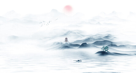 Blue artistic conception landscape painting