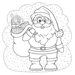 Merry funny Santa Claus character with a bag of gifts boxes and sock with sweets on backdrop snow. Christmas elements. Hand drawn. Vector illustration isolated on white background. Coloring page book.