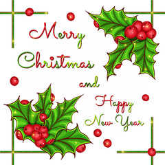 Sprig of holly, ilex, mistletoe, red berries, green aquifolium leaves. Christmas New Year greeting card. Hand drawn. Design element in decor style. Vector illustration isolated on a white background.