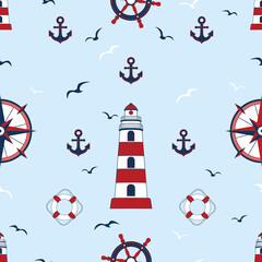 Set sea symbols: lighthouse, anchor, steering wheel, lifebuoy, compass. Nautical naval. Seamless background. Vector illustration marine elements. Color web icons Can be used for packaging paper design