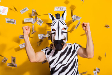 Photo of freak incognito guy in zebra mask fists up win billion salary money fly isolated over...