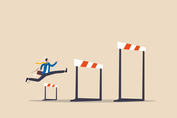 Business challenge, overcome difficulty or obstacle to achieve business success, effort, skill or aspiration to solve problem concept, ambitious businessman jump over hurdles to find higher obstacles. - obrazy, fototapety, plakaty