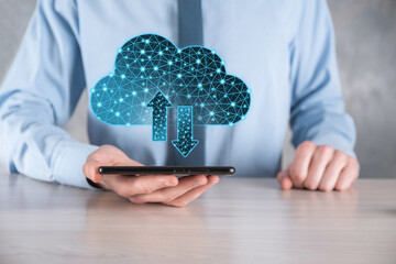 Cloud technology. Polygonal wireframe cloud storage sign with two arrows up and down on dark blue....