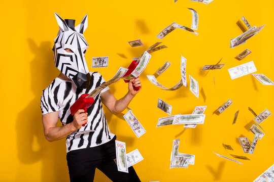 Photo of crazy freak guy zebra shoot pistol money profit fall fly isolated over shine yellow color background