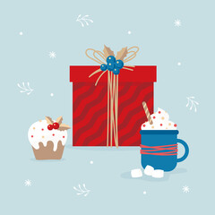 Christmas gifts and treats. Vector image.