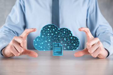 Cloud technology. Polygonal wireframe cloud storage sign with document icon on dark blue. Cloud...