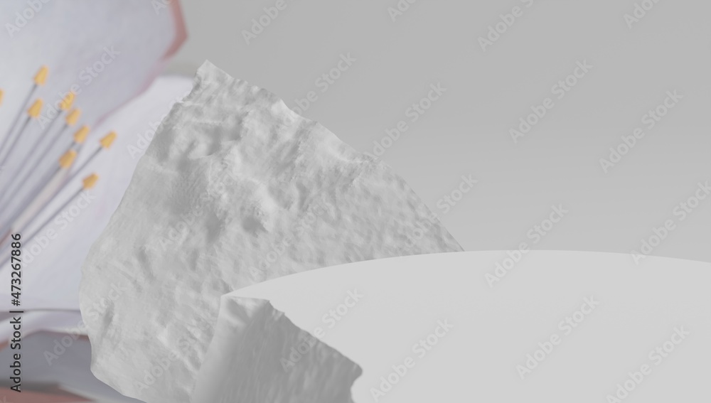 Poster display of products on a podium made of white split rock with a floral background out of focus. 3d r
