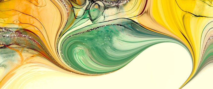 Green and yellow background texture made with alcohol ink technique, hand drawn art, free copy space, fluid illustration backdrop, modern liquid decoration for brochure cover or book, for business