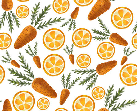 Seamless Pattern Carrot Orange Leaves Yellow Freshness watercolor 
 season nature food drinks fruit doodle. On a white background, the element is natural for fabric postcard, holiday nature vacation w