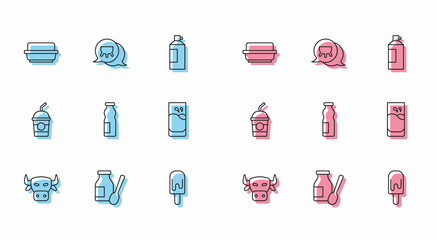 Set line Cow head, Drinking yogurt in bottle, Butter butter dish, Ice cream, Glass with milk, Milkshake and Udder icon. Vector