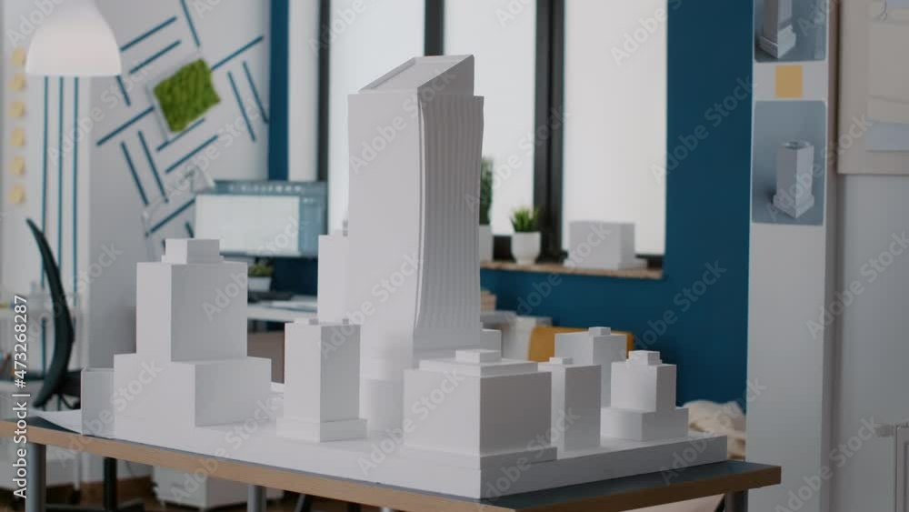 Poster nobody in architectural office with maquette to design building model and construction. empty space 