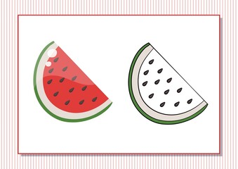 Printable worksheet. Coloring book. Cute cartoon watermelon. Vector illustration. Horizontal A4 page Color red