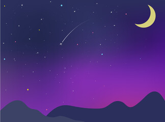 Obraz na płótnie Canvas 星が煌めくグラデーションの夜空と三日月、山のシルエット