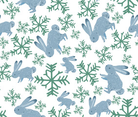 Seamless pattern picture watercolor 
 winter christmas snow and hare. On a white background, an element of natural fabric postcard, holiday nature recreation