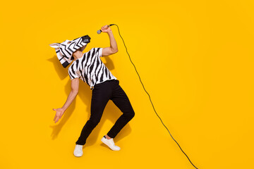 Full length photo of freak famous singer in zebra mask sing mic sound isolated over bright yellow...