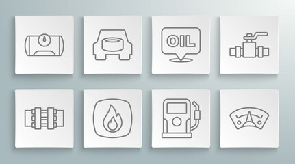 Set line Metallic pipes and valve, Spare wheel in the car, Fire flame, Petrol or gas station, Motor gauge, Word oil, and Gas tank for vehicle icon. Vector