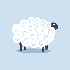 Cute sheep vector kids sleep illustration on blue background. Baby shower background. Child drawing flat style white sheep. Kids design for fabric and decor.