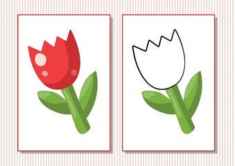 Printable worksheet. Coloring book. Cute cartoon flower tulip. Vector illustration. Horizontal A4 page Color red