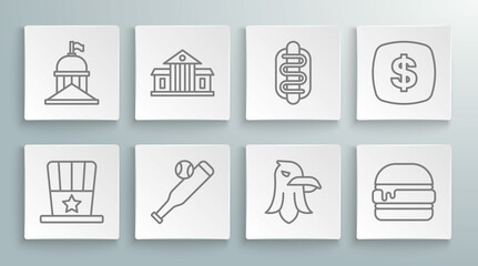 Set line Patriotic American top hat, White House, Baseball bat with ball, Eagle, Burger, Hotdog sandwich, Dollar symbol and icon. Vector