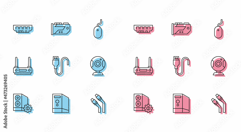 Poster set line case of computer, ram, random access memory, lan cable network internet, usb cord, web came
