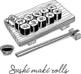 Sushi maki rolls on the wooden plate. Sketchy hand-drawn vector illustration.