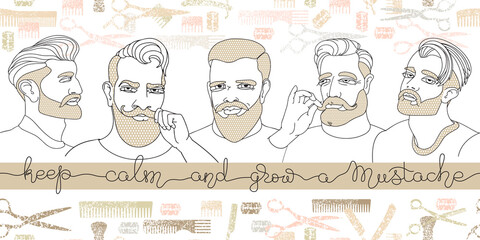 Portraits men with a beard. Seamless pattern. Line art style.