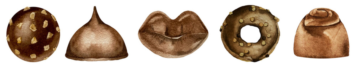 Watercolor set of realistic black dark bitter white milk chocolate candies in various shapes with nuts. Chocolate lips