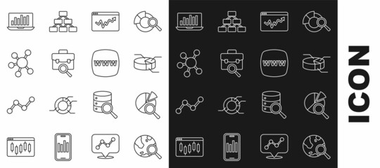 Set line Search globe, data analysis, Pie chart infographic, Graph, Work search, Project team base, Laptop with and Website template icon. Vector